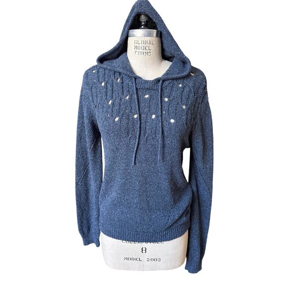 NWOT one gray day Open Weave Hooded Blue Sweater Size Small - Picture 1 of 6